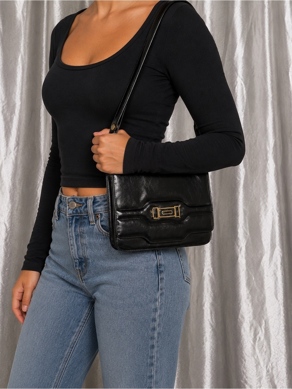 Vintage Y2K Black Shoulder Bag Structured Turn Lock Purse Retro 90s Handbag